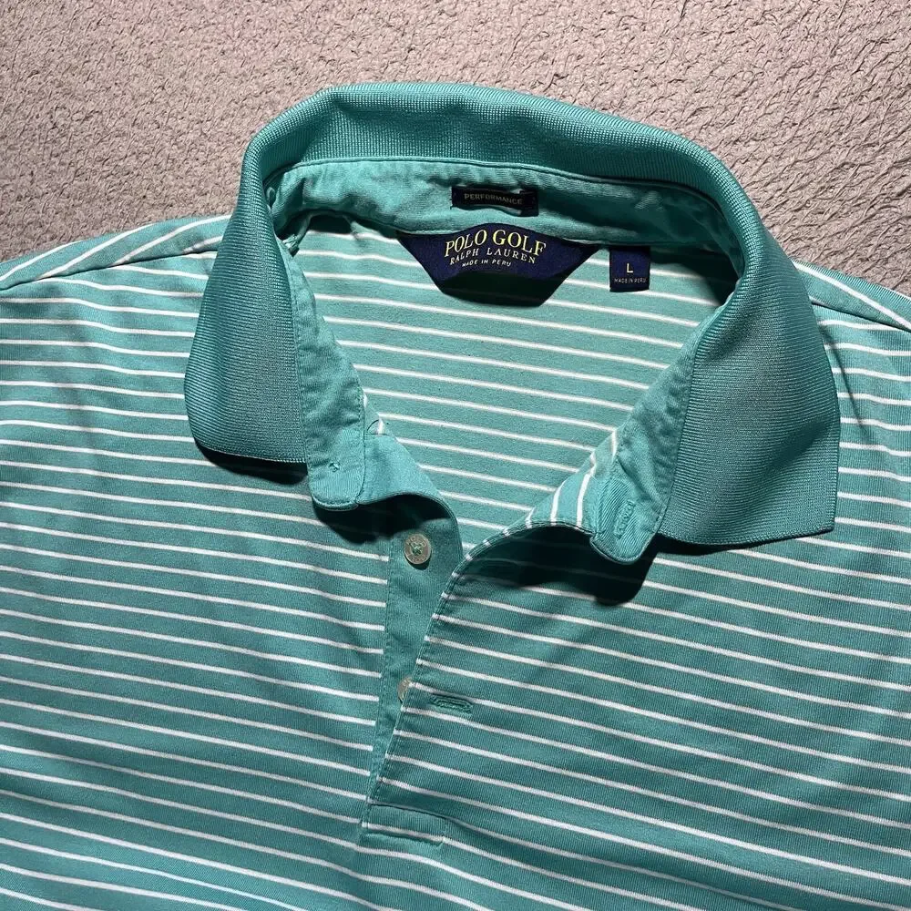 Ralph Lauren Golf Polo Short Sleeve Shirt Mens Large Teal Stripe Performance